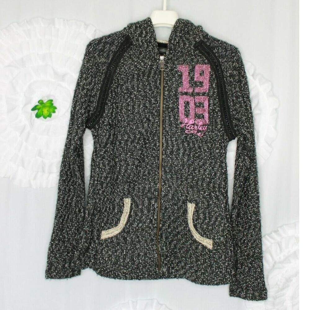 Harley Davidson Womens Hoodie Jacket Skull Chain Accent 1903 Size Medium Tweed